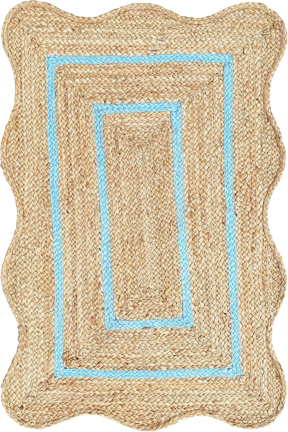 Wave Scalloped Natural Jute Rug - Boho Entryway Runner, Farmhouse Scallop, Sky Blue (2'x3')