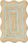 Wave Scalloped Natural Jute Rug - Boho Entryway Runner, Farmhouse Scallop, Sky Blue (2'x3')