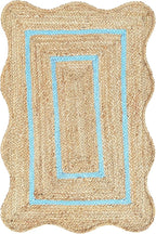 Wave Scalloped Natural Jute Rug - Boho Entryway Runner, Farmhouse Scallop, Sky Blue (2'x3')