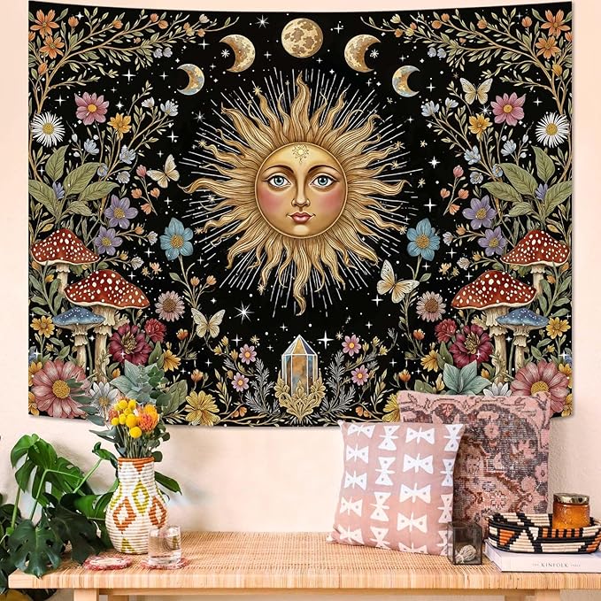Aipon Boho Sun and Moon Tapestry Hippie Mushroom Floral Wall Tapestry for Bedroom Aesthetic Moon Phase Vintage Plant Celestial Small Tapestries Wall Hanging for Living Room Dorm 60 x 44 Inch