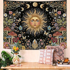 Aipon Boho Sun and Moon Tapestry Hippie Mushroom Floral Wall Tapestry for Bedroom Aesthetic Moon Phase Vintage Plant Celestial Small Tapestries Wall Hanging for Living Room Dorm 60 x 44 Inch