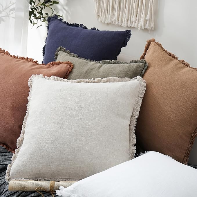 Foindtower Set of 2 Decorative Linen Fringe Throw Pillow Covers Cozy Farmhouse Boho Cushion Cover with Tassels Soft Accent Pillowcase for Couch Sofa Bed Living Room Home Decor 20×20 Inch Beige