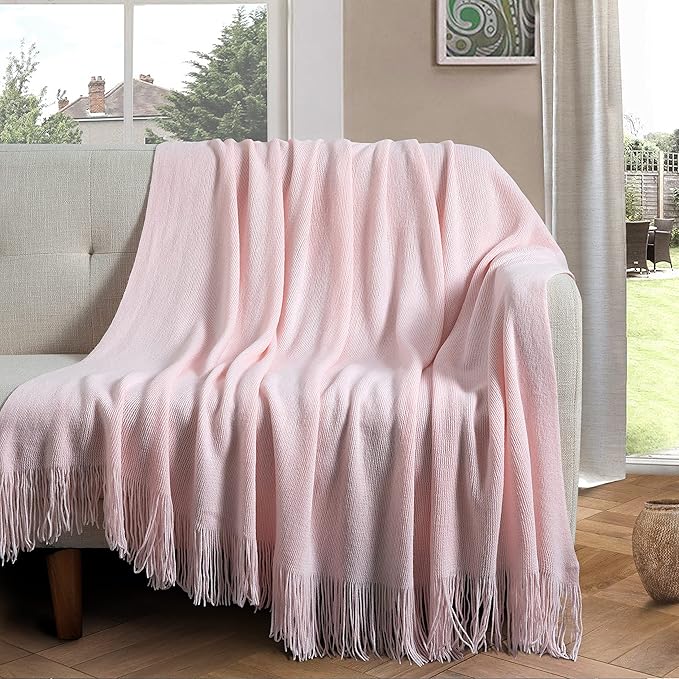 Vonty Pink Knitted Blanket with Tassels Fringe 50" x 60", Super Soft Knit Throw Blanket, Farmhouse Decorative Lightweight Blanket for Couch, Sofa, Bed