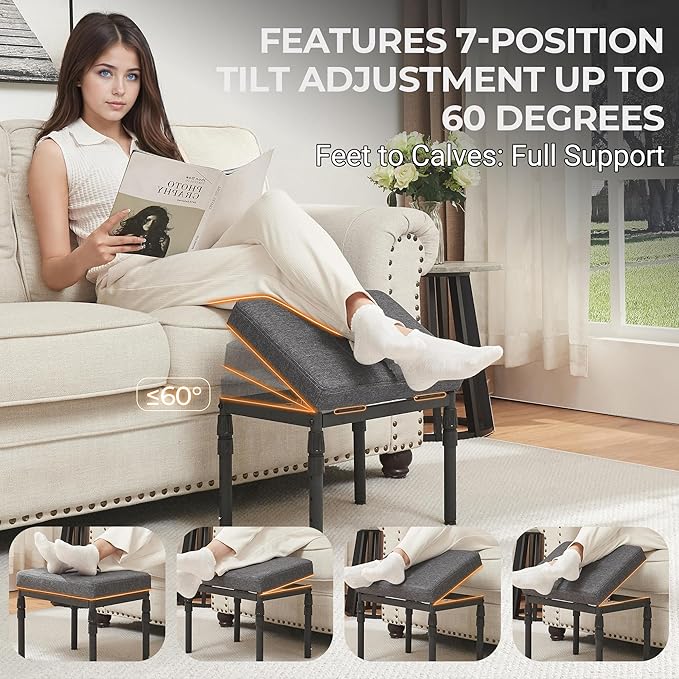 Adjustable Ottoman Pouf, 4 Height Position & 60 Degree Tilt Angle Adjustment Footrest Ottomans Footrest Foot Stools Pouffe Footstool for Under Desk for Living Room Home(Carbon Gray)