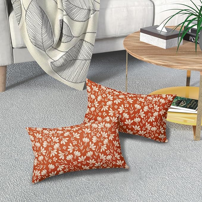 Burnt Orange Pillow Covers 12x20 Set of 2 Vintage Floral Rustic Old Style Cute Flower Print Rectangle Decorative Outdoor Pillowcases Seasonal Farmhouse Throw Cushion Case Couch Sofa Bed Decor