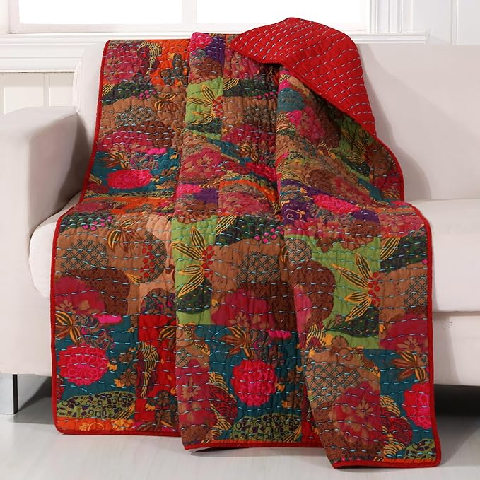 Greenland Home Jewel 100% Cotton Throw Blanket with Kantha-Style Quilting, Multicolor