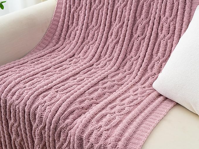 Battilo Pink Throw Blanket for Couch, Cable Knit Blanket, Soft Chenille Throw Blanket, Cozy Warm Blankets for Girls Daughter Women Gifts for Mom, 51"x67", Blush