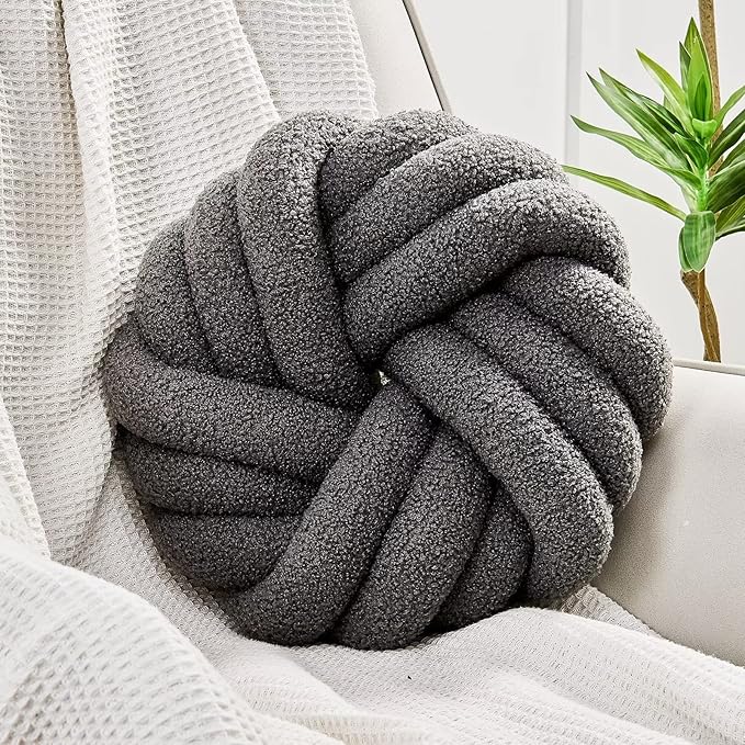 Uvvyui Knot Pillows, 14 Inch Decorative Throw Pillows Round Pillows Cushion, Soft Handmade Knotted Ball Pillow Plush Cushion Home Decor for Bed Couch Living Room (Dark Gray, 14 Inch)