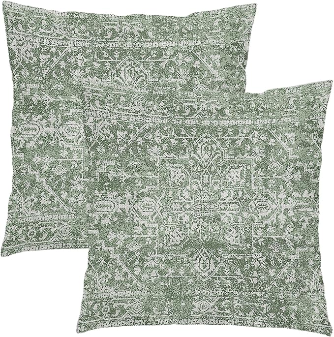 Sage Green Boho Throw Pillow Covers 16x16 Inch Decorative Square Bohemian Carpet Pattern Ethnic Pillow Cases Vintage Geographic Rug Cushion Covers Farmhouse Home Decor For Sofa Couch Outdoor Set of 2