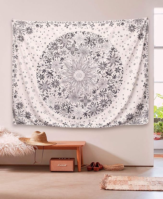 Neasow Bohemian Tapestry Wall Hanging, Beige White Floral Tapestry with Dotted Daisy Medallion Print Bedroom Boho Hippie Home Decor, 36×48 inches