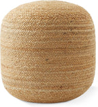 Casafield Hand-Braided Jute Pouf Ottoman Footrest, 18" W x 18" D x 18" H - Round, Natural Woven Boho Floor Cushion, Home Decor for Living Room