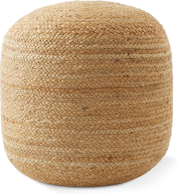 Casafield Hand-Braided Jute Pouf Ottoman Footrest, 18" W x 18" D x 18" H - Round, Natural Woven Boho Floor Cushion, Home Decor for Living Room