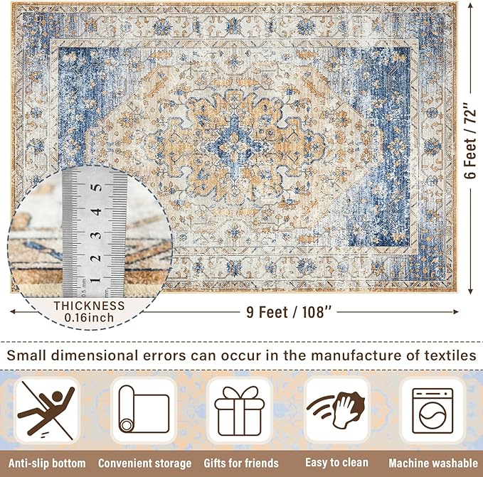 Amearea Vintage Design Area Rugs for Living Room, 6x9 Machine Washable Floral Collection Traditional Bedroom Rug, Low Pile Kids Room Print Carpet, No Slip Office Kitchen Home Decor, Blue and Orange