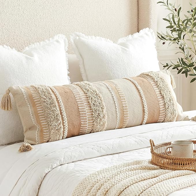 BlissBlush Decorative Lumbar Pillow Cover 14x36 for Bed, Neutral Cream Boho Long Accent Pillow with Tassels, Beige Rectangular Cushion for Couch Sofa Bench Bedroom (Cover Only)