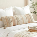 BlissBlush Decorative Lumbar Pillow Cover 14x36 for Bed, Neutral Cream Boho Long Accent Pillow with Tassels, Beige Rectangular Cushion for Couch Sofa Bench Bedroom (Cover Only)