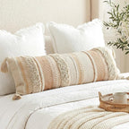 BlissBlush Decorative Lumbar Pillow Cover 14x36 for Bed, Neutral Cream Boho Long Accent Pillow with Tassels, Beige Rectangular Cushion for Couch Sofa Bench Bedroom (Cover Only)