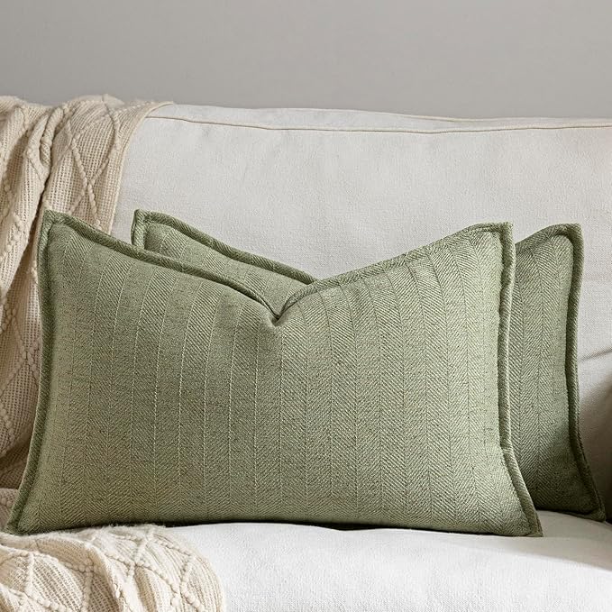 12x20 Linen Pillow Covers Sage Green Pack of 2 Farmhouse Boho Neutral Accents Striped Textured Rectangular Lumbar Decorative Throw Pillow Cases for Living Room Couch Bed Home Decor