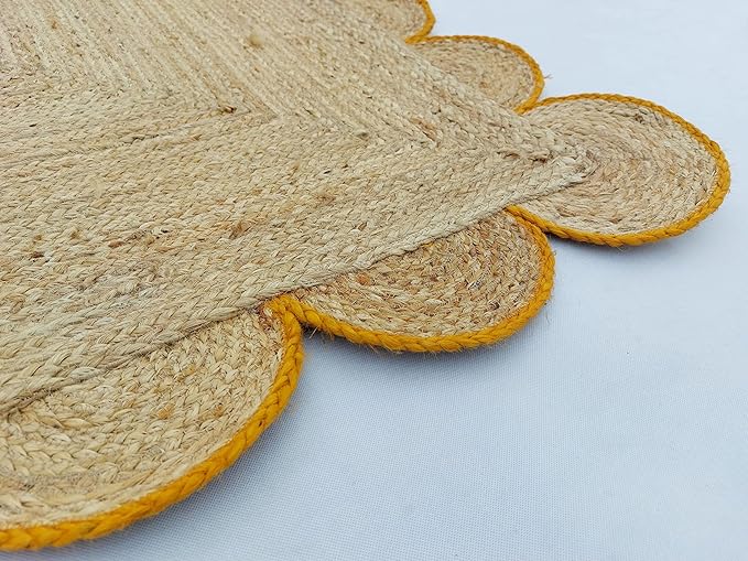 Scalloped Natural Jute Area Rug, Yellow Trim, 9'x12'