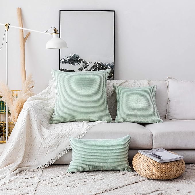 Home Brilliant Green Throw Pillow Cover 24x24 Set of 2 Spring Euro Shams Super Soft Striped Velvet Large Cushion Cover for Living Room Sage Green St Patricks Day Decor, 24 x 24 inch, Mint