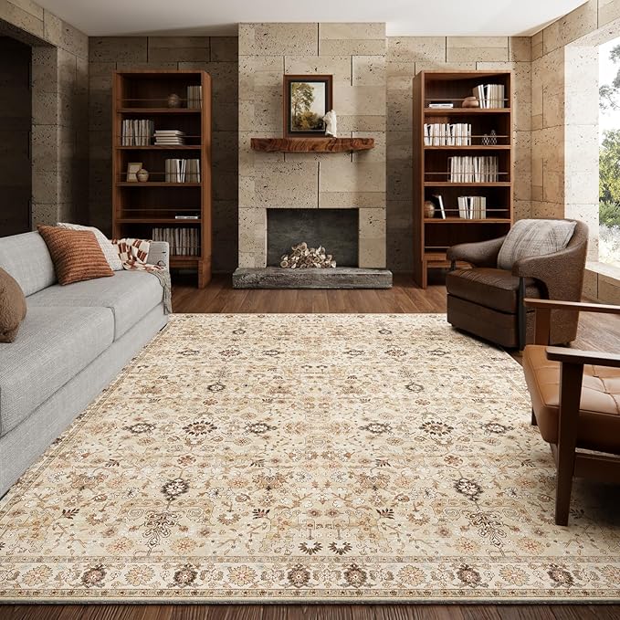 6x9 Washable Rug Vintage Fade Resistant Boho Distressed Non-Slip Indoor Large Carpet Low Pile Lightweight & High-Traffic Safe for Bedroom, Dorm, Playroom - Farmhouse Decor