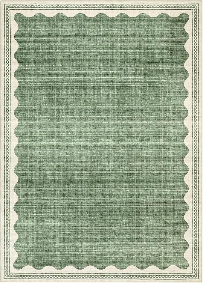 GarveeHome Scalloped 4x6 Rug Non-Slip Washable Low-Pile Carpet - Solid Sage Green Modern Rugs for Bedroom Living Room Nursery Kitchen Entryway Indoor Mat with Rubber Back