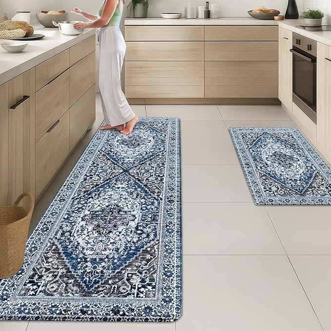 Arttown Kitchen Mats for Floor 2Pcs-Anti Fatigue Non Slip Mats for Kitchen Floor, Cushioned Waterproof & Stain-Resistant Boho Mat Set, Laundry Room, Office, Sink, Desk (Blue)