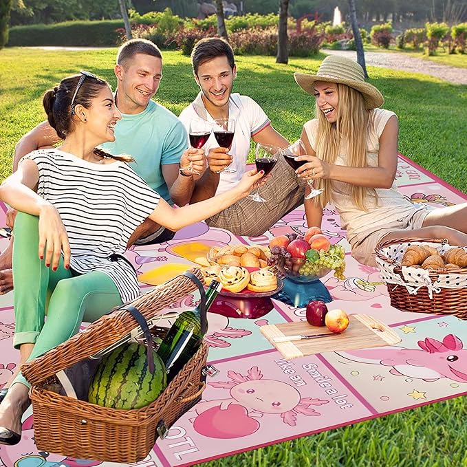 Extra Large Picnic Blankets Waterproof Foldable (80"x 80") Axolotl Beach Blanket Waterproof Sandproof,3-Layer Thicking Mat Outdoor Packable Camping Blanket