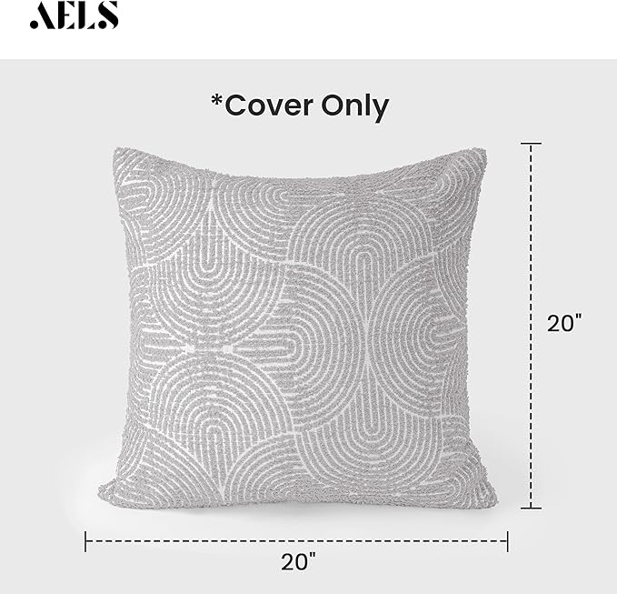 AELS Boho Decorative Textured Throw Pillow Covers 20x20, Modern Mid Century Rainbow Tufted Pillow Case, Farmhouse Rustic Geometric Woven Cushion Case for Bed Couch Sofa, Light Gray