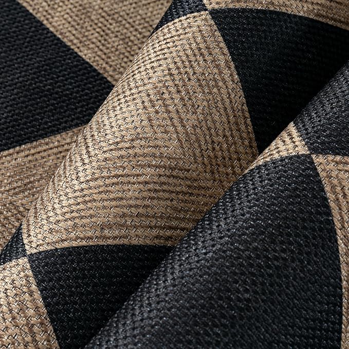 Checkered Round Rugs 6ft, Outdoor Patio Easy Jute Rug Indoor Outdoor Circle Carpet, Farmhouse Nature Textured Diamond Non Shedding Non Slip Washable Black Carpet for Living Room Entry Deck