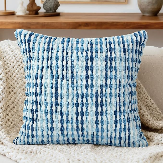 Boho Decorative Throw Pillow Covers 18x18 Inch, Chenille Tufted Pillow Cover Striped Textured Square Farmhouse Accent Pillowcase for Couch Sofa Bedroom Living Room, Blue White Stripe, 1 Pack