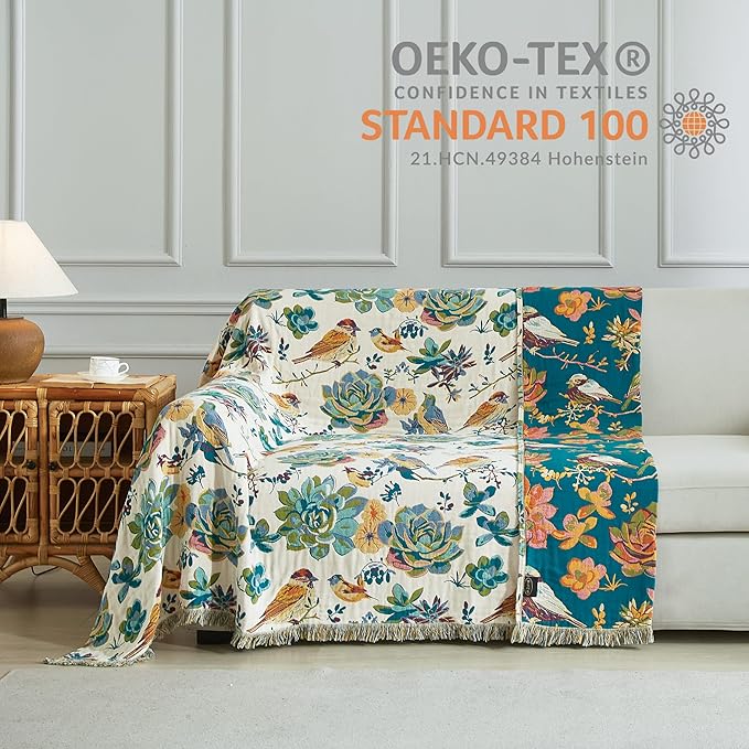 Boho Throw Blanket for Bed 80”x90”, 100% Cotton Woven Blanket for Couch Sofa, Ultra Soft 4-Layer Muslin Quilt with Floral Printed, Farmhouse Bed Blanket/Cover for Living Room Decor