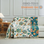 Boho Throw Blanket for Bed 60”x80”, 100% Cotton Woven Blanket for Couch Sofa, Ultra Soft 4-Layer Muslin Quilt with Floral Printed, Farmhouse Bed Blanket/Cover for Living Room Decor