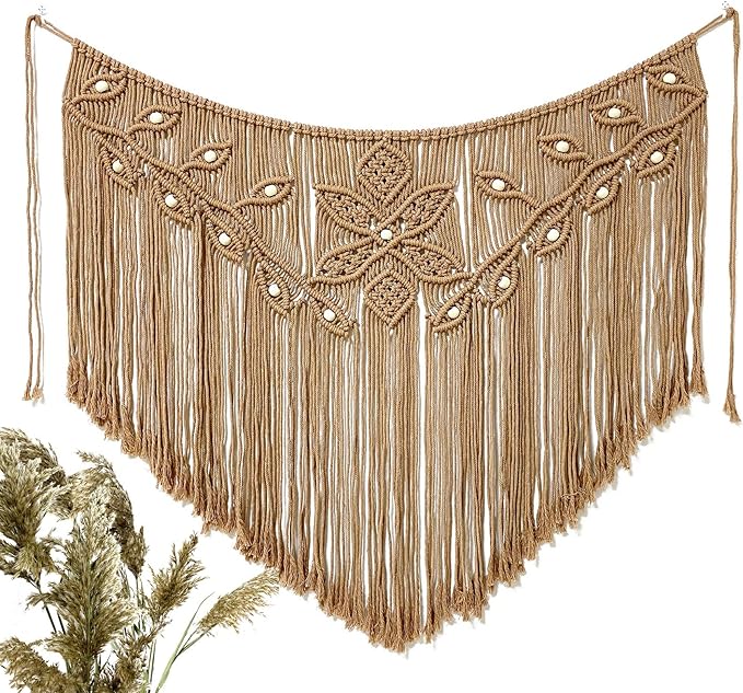 Youngeast Home Decor Leaf Shape Macrame Wall Hanging Woven Tapestry Bedroom Curtain Fringe Garland Banner Living Room Wall Decor Brown 39X31 inches