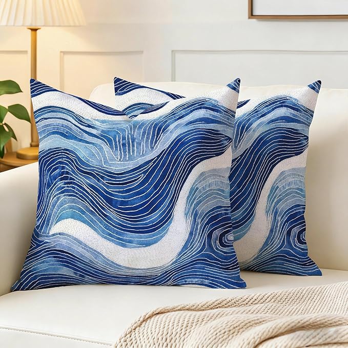 2 Pack Navy Blue and White Waved Throw Pillows Covers 18x18 Inch Decorative Modern Abstract Light Blue White Pillowcases Farmhouse Cushion Covers for Couch Bed Sofa Farmhouse Boho Spring Home Decor