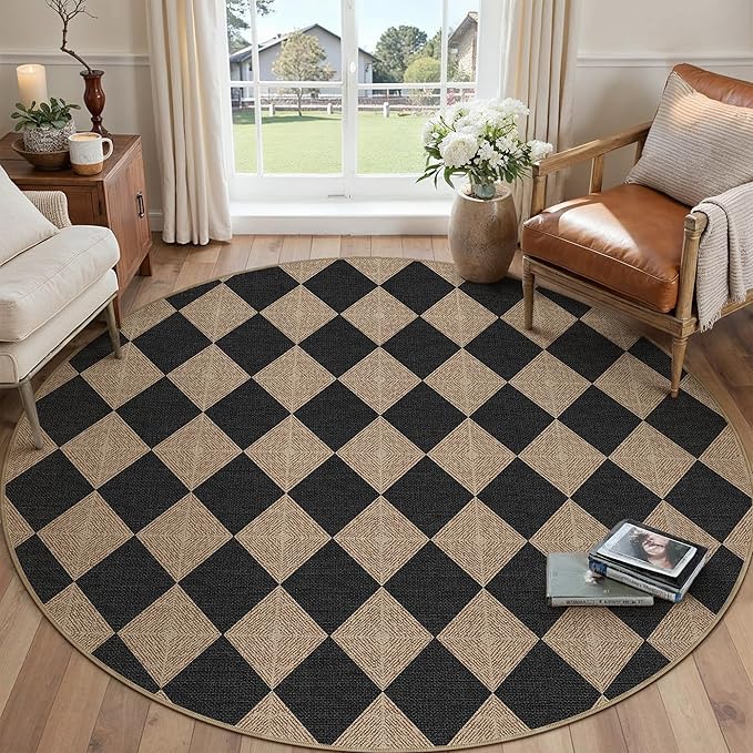 Checkered Round Rugs 6ft, Outdoor Patio Easy Jute Rug Indoor Outdoor Circle Carpet, Farmhouse Nature Textured Diamond Non Shedding Non Slip Washable Black Carpet for Living Room Entry Deck
