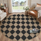 Checkered Round Rugs 6ft, Outdoor Patio Easy Jute Rug Indoor Outdoor Circle Carpet, Farmhouse Nature Textured Diamond Non Shedding Non Slip Washable Black Carpet for Living Room Entry Deck
