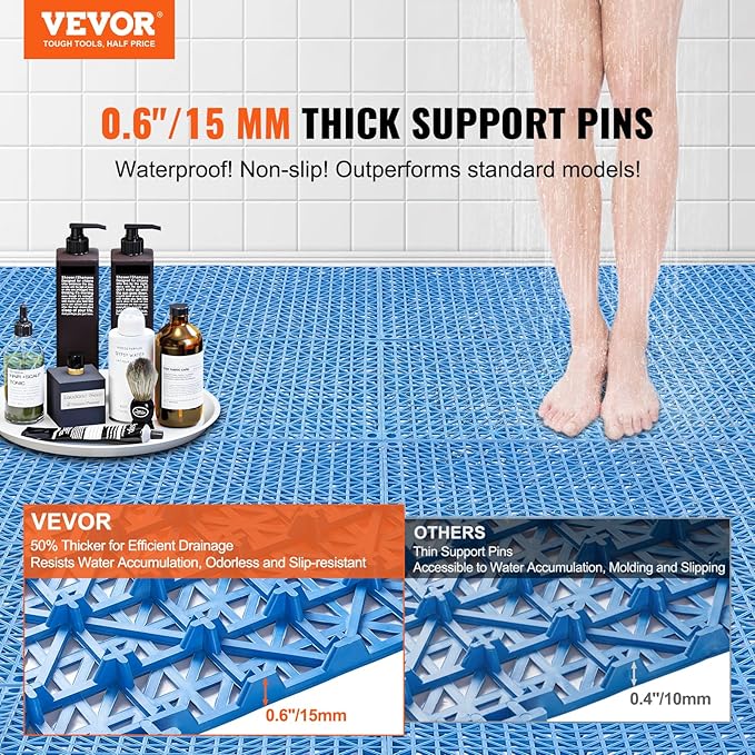VEVOR Interlocking Tiles, 55Pcs 12 x 12 in, Soft PVC Drainage Tile Mat, Non Slip & Wear-Resistant Splicing Drainage Mat, Floor Tile Drain Holes for Restroom, Bathroom, Kitchen, Pool, Blue