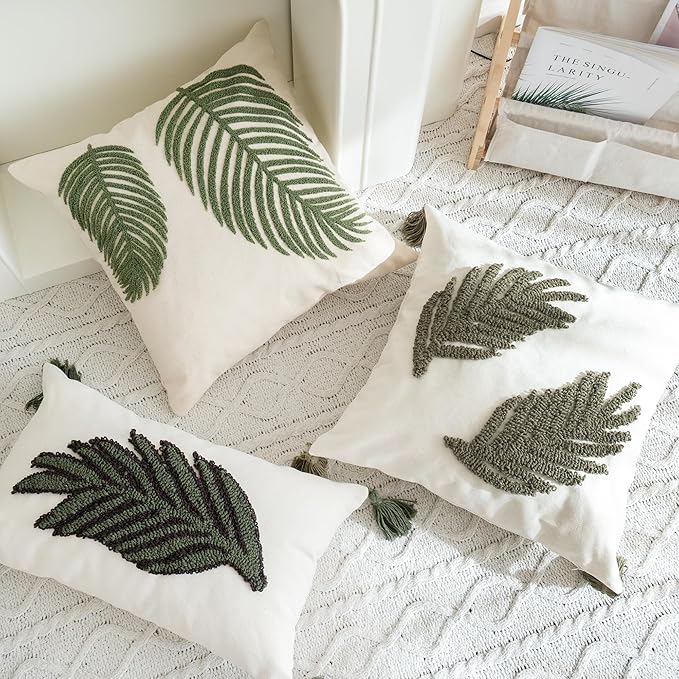 Linen Green Leaf Throw Pillow Cover, Tasseled Square Pillowcase with Tufted Tropical Fern Leaves, Modern Decorative Sham for Rustic Spring Summer Home Outdoor Decor, 18x18 inches, 1PCS