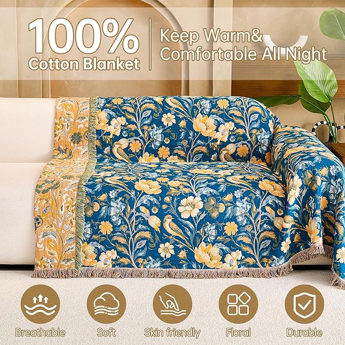 Boho Throw Blanket, 100% Organic Cotton Breathable Ultra Soft 60" x 80" Bed Quilt Blue Throw - All Season Bird Floral Rustic Farmhouse Decor Reversible Blanket for Couch Chair and Gift