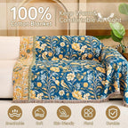 Boho Throw Blanket, 100% Organic Cotton Breathable Ultra Soft 80" x 90" Bed Quilt Throw - All Season Floral Rustic Farmhouse Decor Luxury Reversible Blanket for Sofa Couch Chair and Gift