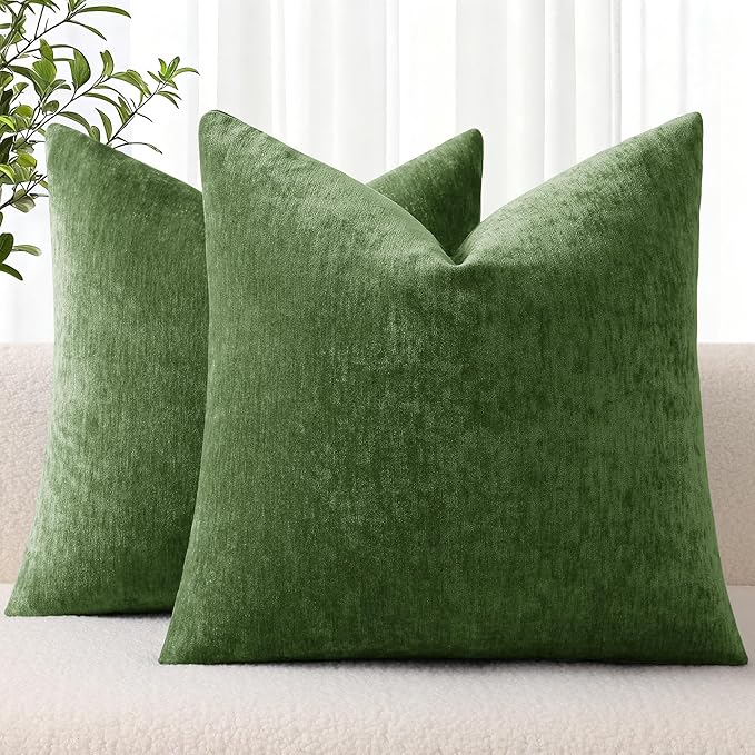 decorUhome Chenille Moss Green Spring Euro Sham Throw Pillow Covers 24x24 Inch Set of 2, Decorative Soft Couch Pillow Covers Solid Dyed Accent Farmhouse Neutral Square Pillow Cases for Sofa