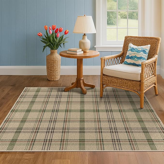 4x6 Easy Jute Large Entryway Rug - Washable Plaid Rug for Small Living Room, Non Slip Farmhouse Decor for Bedroom Bedside, Kitchen, Patio, Porch, Large Foyer Beige & Sage Striped