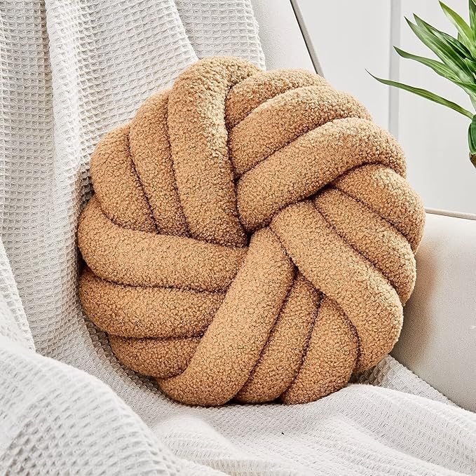 Uvvyui Knot Pillows, 14 Inch Decorative Throw Pillows Round Pillows Cushion, Soft Handmade Knotted Ball Pillow Plush Cushion Home Decor for Bed Couch Living Room (Khaki, 14 Inch)