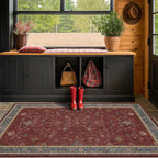Washable 3x5 Entry Way Rugs Indoor - Burgundy Large Kitchen Rug, Non Slip Unique Bohemian Red Low Pile Thin Carpet for Bedroom Bedside, Foyer