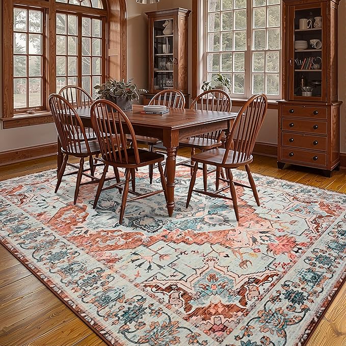 YJ.GWL Area Rugs for Living Room 8x10 Machine Washable Rugs, Non Slip Floral Vintage Rug Indoor Carpet, Stain Resistant Large Rug for Bedroom Dining Room, Copper Tan