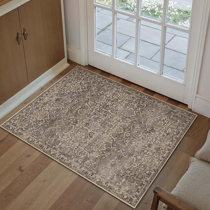 HUGEAR 2x3 Entryway Area Rug Retro Brown Small Rug Machine Washable Door Mat Vintage Floral Low Pile Carpet Vacuumable Distressed Throw Rug Entrance Kitchen Bathroom Bedroom Non Slip Lightweight