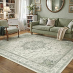 Green Area Rug 5x7 Washable Living Room Carpet Vintage Non Slip Soft Bedroom Indoor Office Retro Low Pile Thin Oriental Medallion Large Rug for Dining Room Bathroom Kitchen