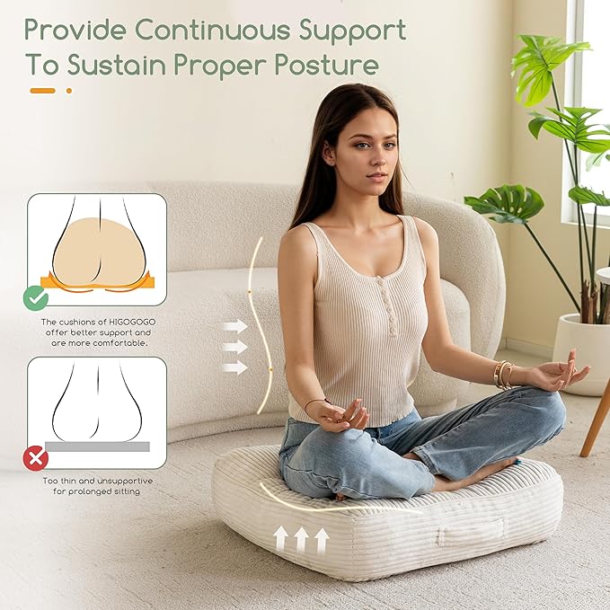 HIGOGOGO 6" Extra Thick Floor Pillow Cushion for Adults, Meditation Cushion Pillow, Large Square Floor Sitting, Tufted Corduroy Cover, for Tatami Living Room or Yoga, 22x22 Inch, Beige