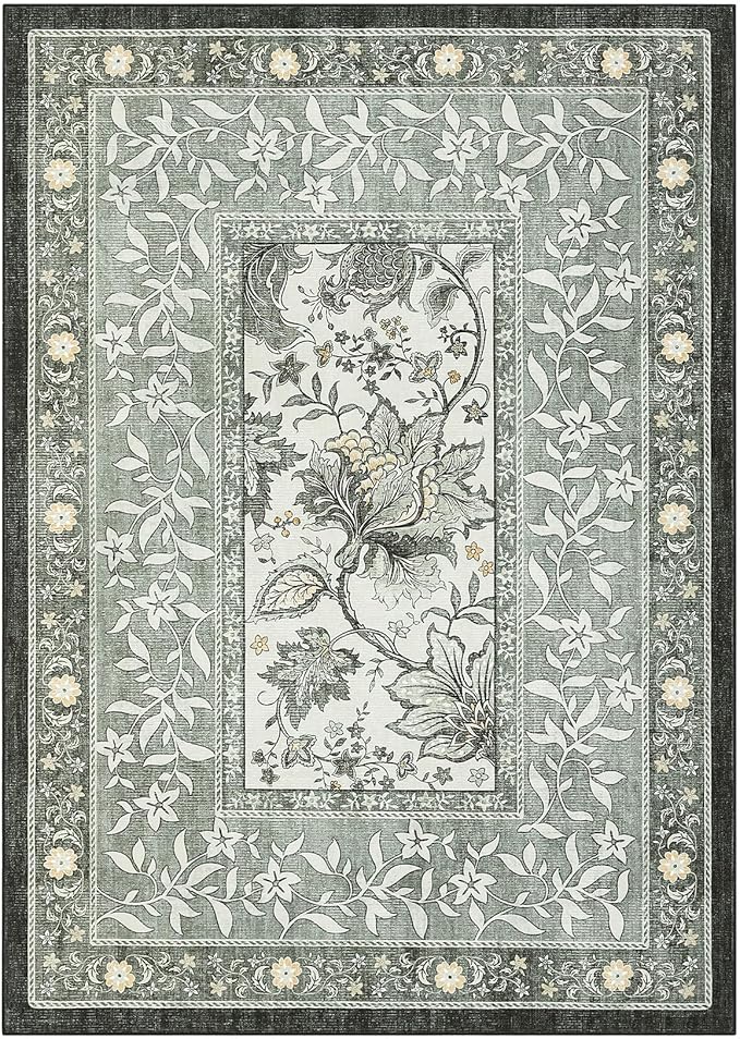 GarveeHome Provence 8x10 Area Rugs for Living Room, Botanical Grove Soft Cottagecore Washable Rug for Bedroom Dining Nursery Low-Pile Vintage Large Carpet Gray Fog Green