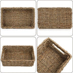 4 Small 3.6 QT Seagrass Wicker Baskets for Shelves, 10" Long Woven Pantry Organizers and Storage Basket, Decorative Ratten Shallow Rectangle Baskets for Organizing Countertop Kitchen